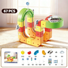 A set of magnetic building blocks and a 3D track shaped like the number eight, with various colored pieces and accessories.