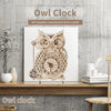 DIY wooden mechanical owl clock model displayed on a wooden shelf against a gray textured wall.