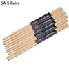 A set of five pairs of classic maple drumsticks labeled 5A and 5 pairs, laid out diagonally.