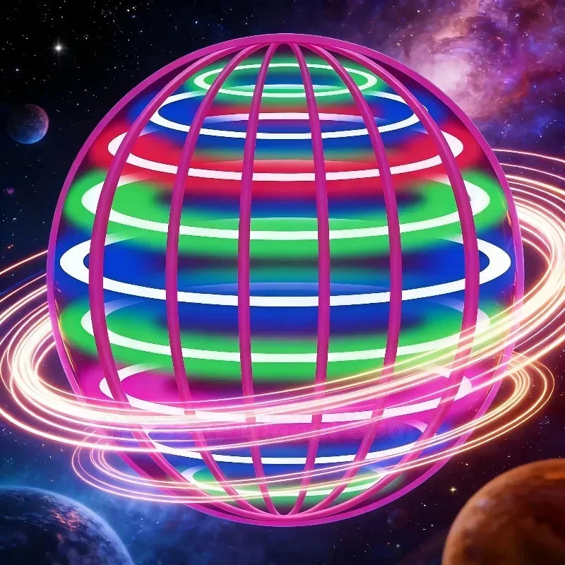 A glowing sphere with colorful LED lights rotates against a starry purple and pink cosmic background.