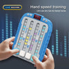A hand is holding a blue light-up rhythm speed training game machine for kids.