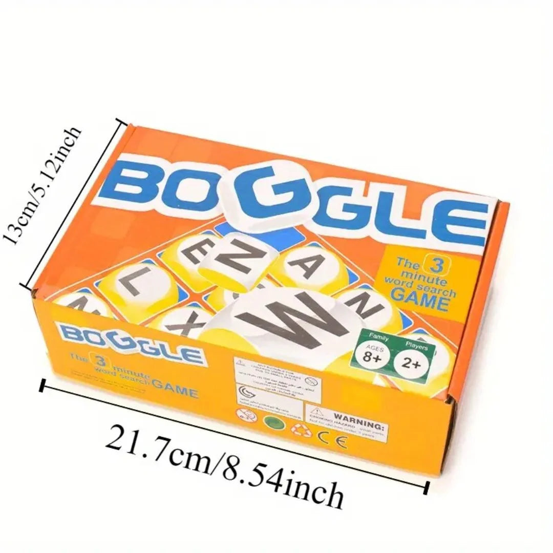 Box of the Boggle 3 minute word search game featuring letter dice and puzzle cards.