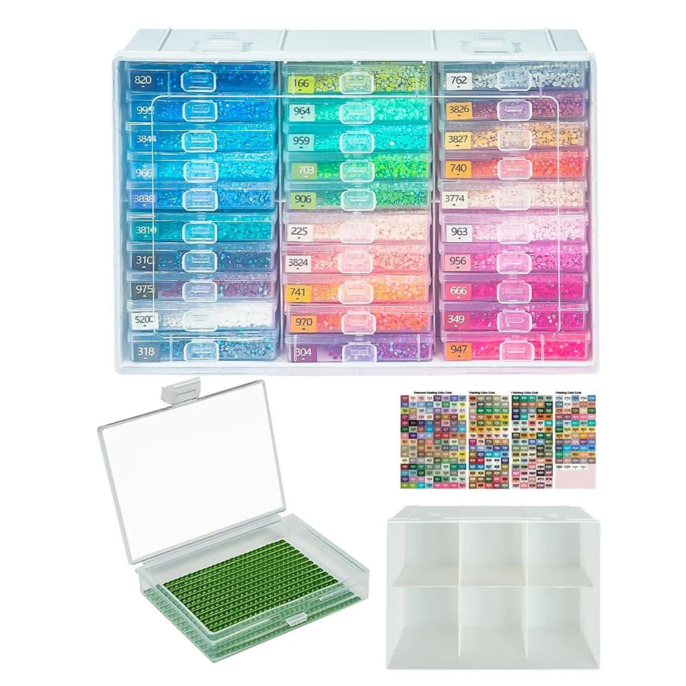 A white diamond painting tray set with 30 individual plastic compartments and lids for organizing beads.