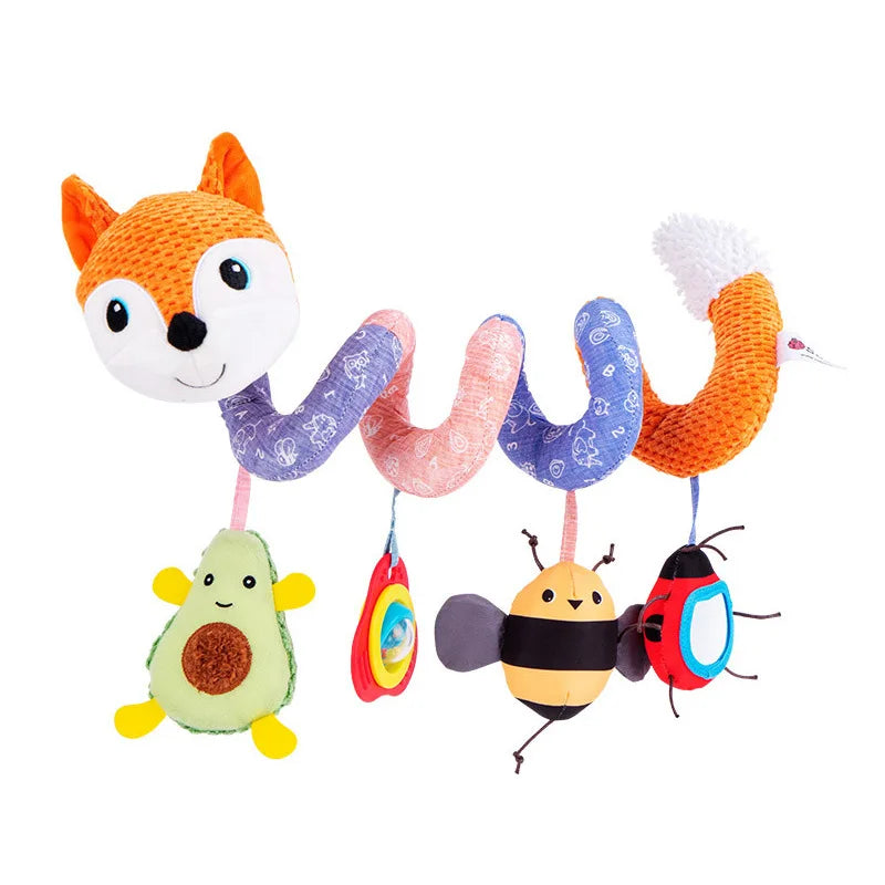 A set of spiral sensory toys featuring an orange fox, a purple elephant, a pink avocado, and a black and red bee.