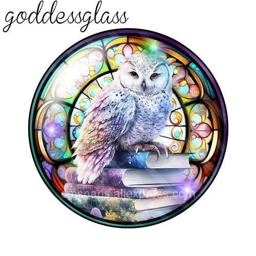 A detailed illustration of an owl in a circular stained glass design.