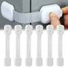 White adhesive baby safety locks for cabinets and drawers shown in various sizes