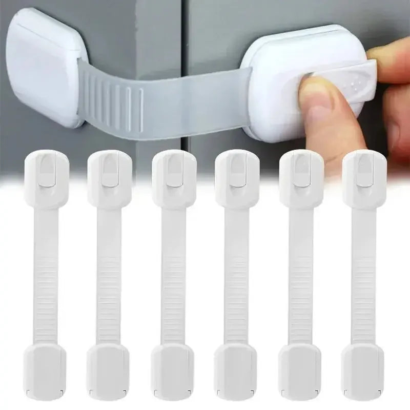 White adhesive baby safety locks for cabinets and drawers shown in various sizes