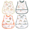 A set of four cute cartoon waterproof baby bibs in various pastel colors and designs.