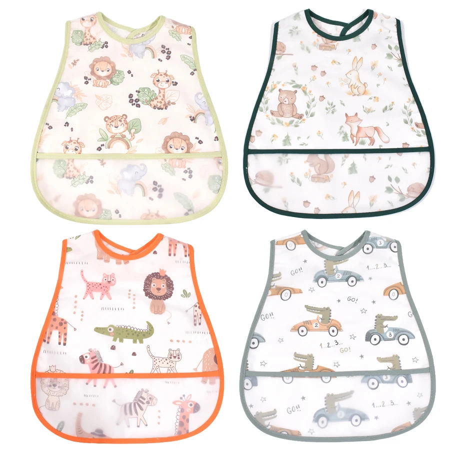 A set of four cute cartoon waterproof baby bibs in various pastel colors and designs.