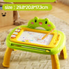A lime green magnetic painting board for kids with table legs, featuring a cutout frog design.