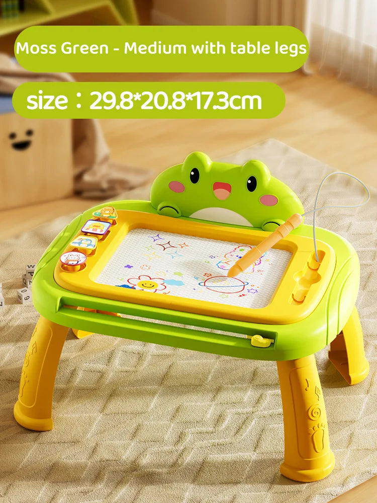 A lime green magnetic painting board for kids with table legs, featuring a cutout frog design.
