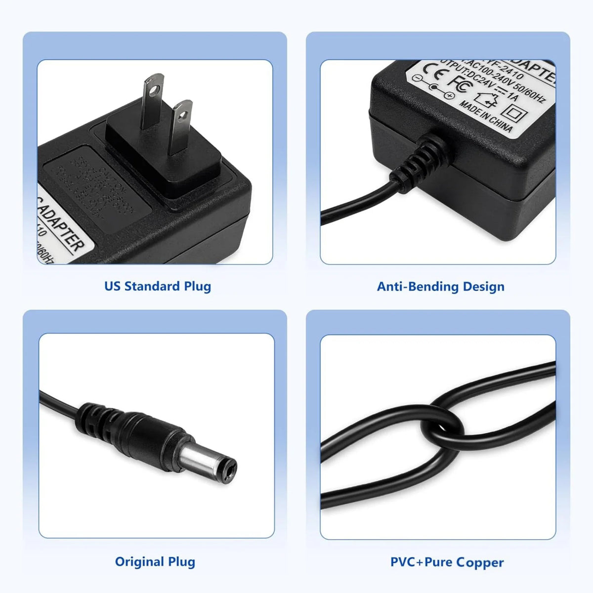 Image showing a black adapter, original plug, and PVC+Copper cable for a 24V battery charger.