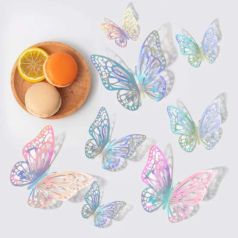 Rose gold 3D butterfly wall stickers displayed with citrus fruit and natural wood background