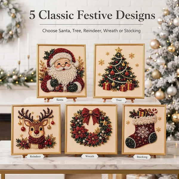Five classic festive designs featuring Santa, tree, reindeer, wreath, and stocking in pearl diamond painting kits