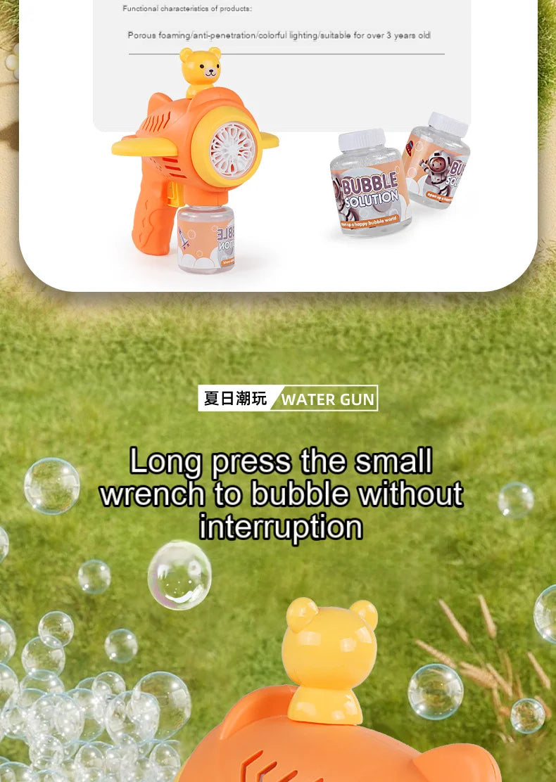 An orange bear-shaped automatic bubble gun with lights is shown next to a bottle of solution and several bubbles on green gra