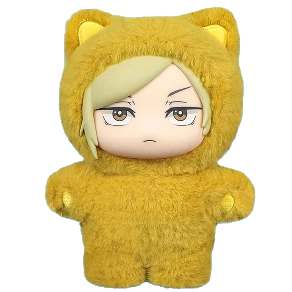 A yellow cat ear plushie with a hood featuring a female character's face.