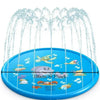 A blue inflatable sprinkler play mat with water spraying from various nozzles.