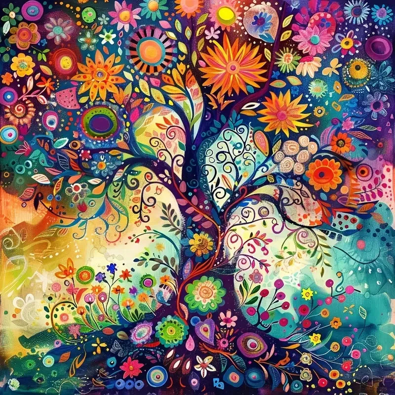 Vibrant diamond painting artwork depicting a dense, colorful tree landscape with bright flowers and foliage.