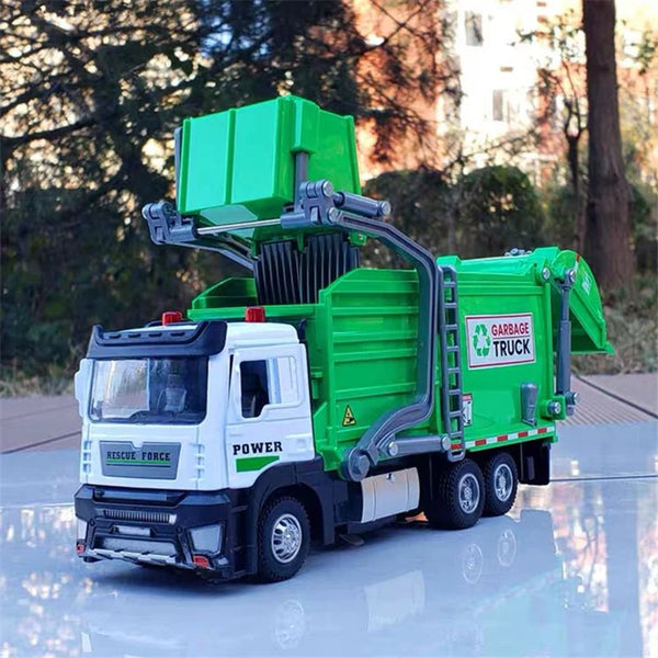 A green and white rescue force garbage truck model car with a large green collection mechanism.