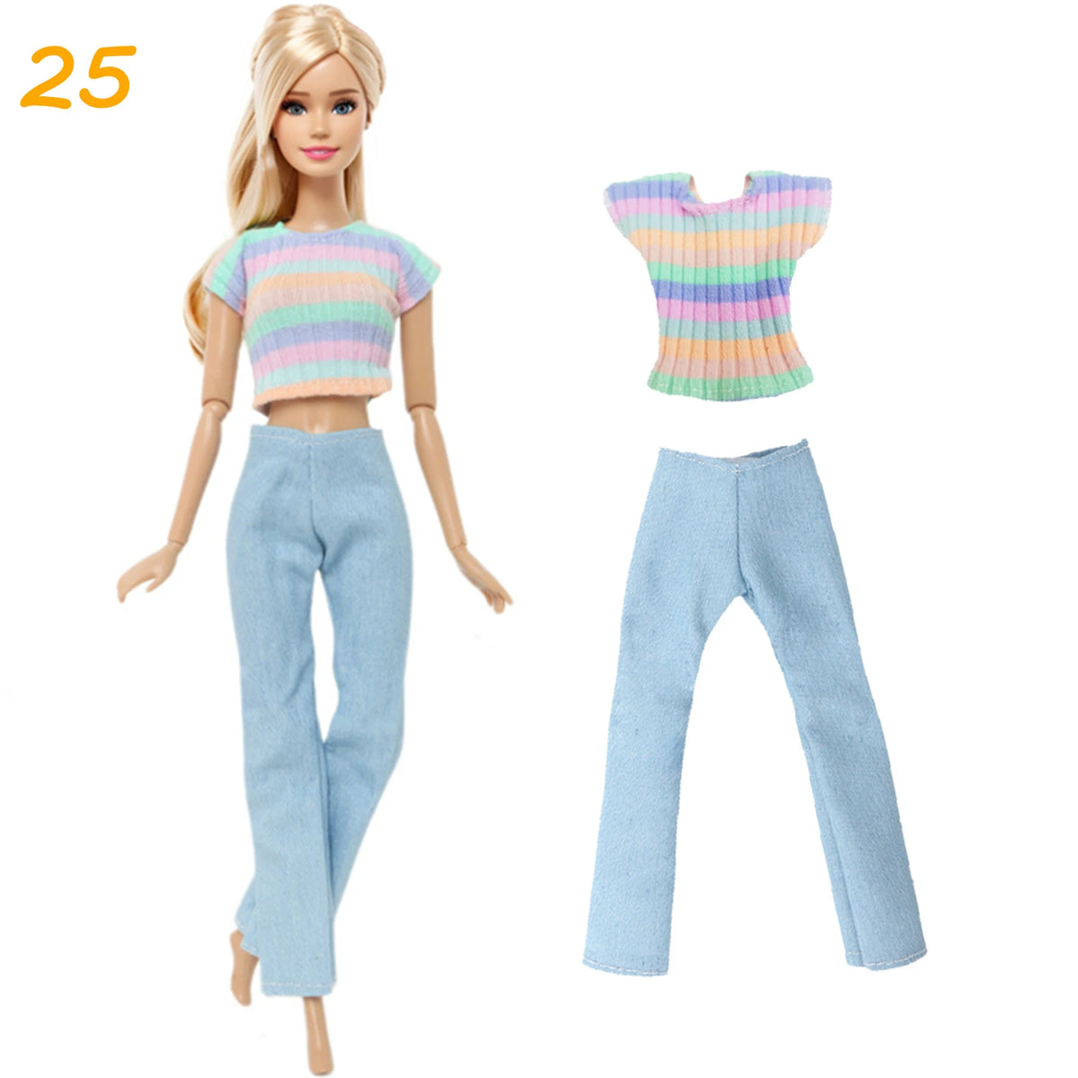 Fashion Doll Outfit Set – Wave Point Dress & Denim Grid Skirt for 11.5–12 Inch Dolls