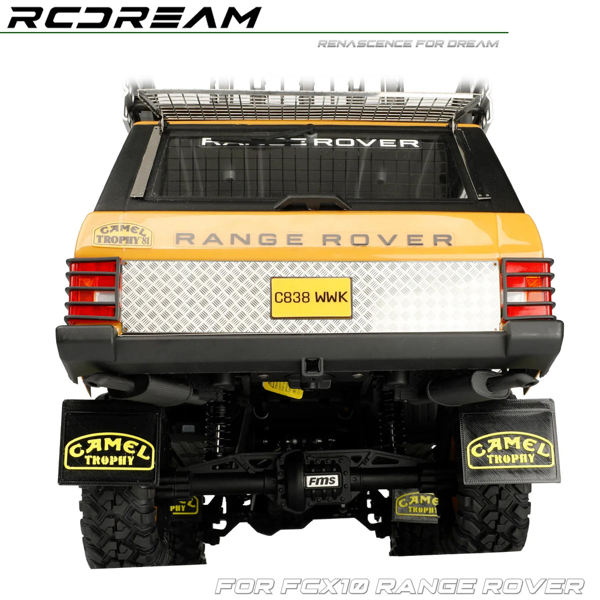 Rear view of a yellow Range Rover RC car with custom mud flaps and exhaust components.