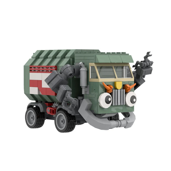 Ein grüner Müllwagen-Baukasten mit funktionierender Kippfunktion.