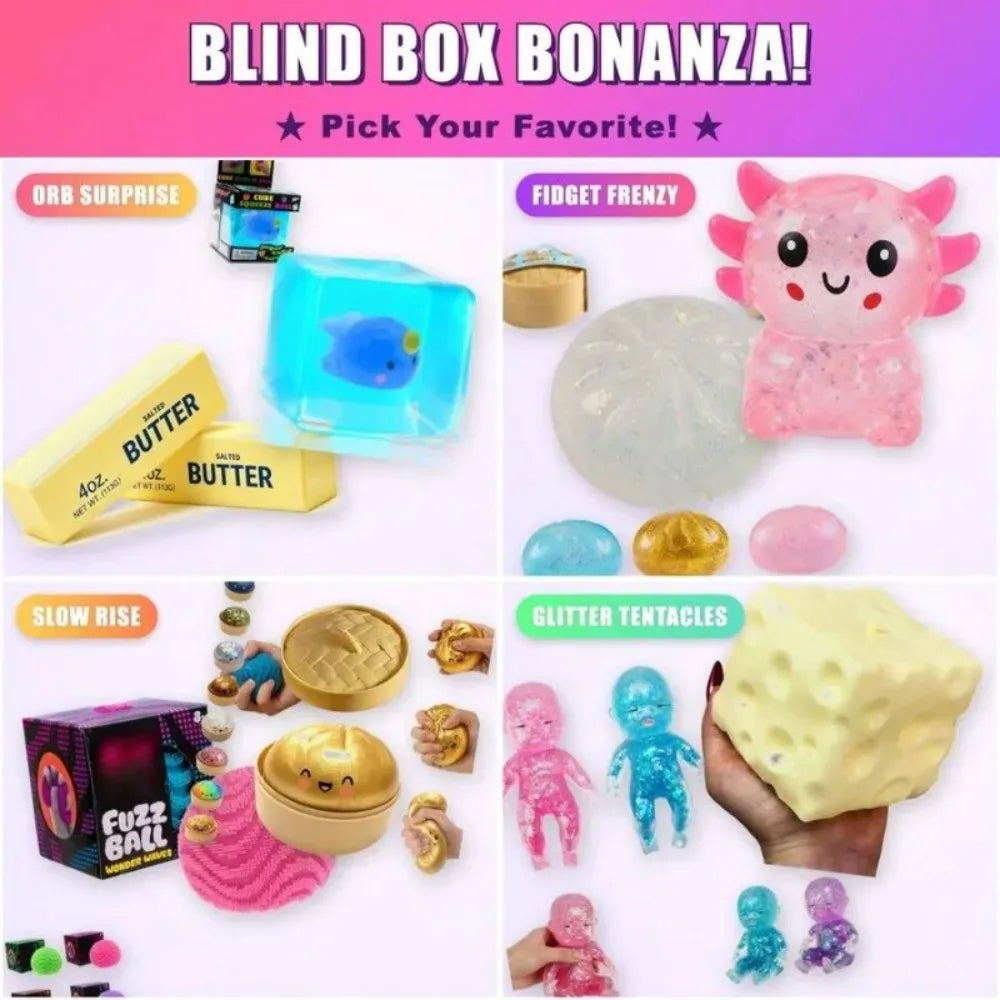 A blind box featuring various squishy toys including a blue orb, pink creature, and yellow butter blocks.
