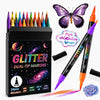 A set of glitter dual-tip markers in various colors, including purple and orange, displayed in a black box.