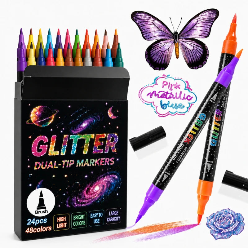 A set of glitter dual-tip markers in various colors, including purple and orange, displayed in a black box.