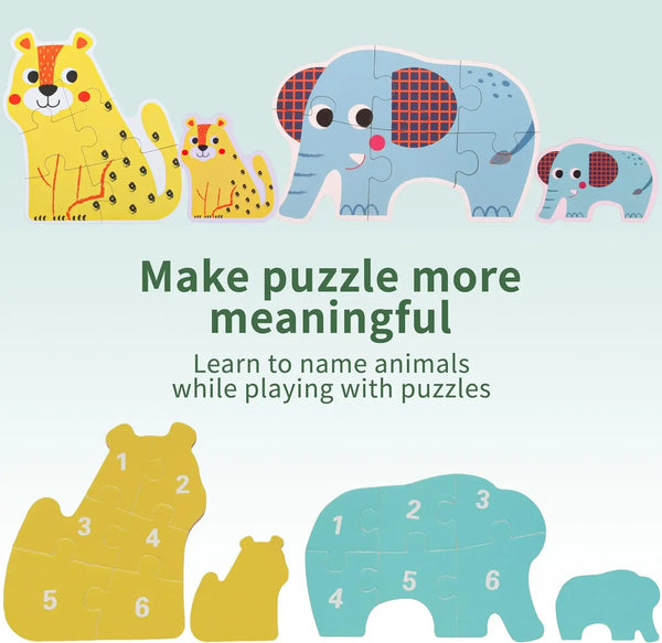 A set of wooden jigsaw puzzles featuring various animals like a lion, elephant, and other wildlife for toddlers.