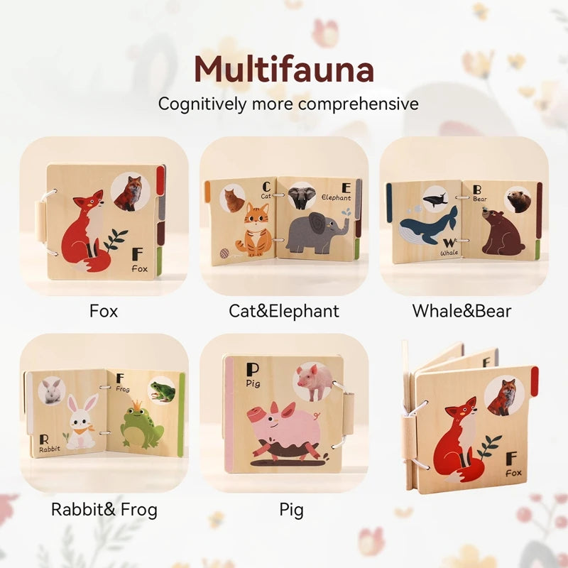 A set of five wooden animal flap books featuring Fox, Cat & Elephant, Whale & Bear, Rabbit & Frog, and Pig.