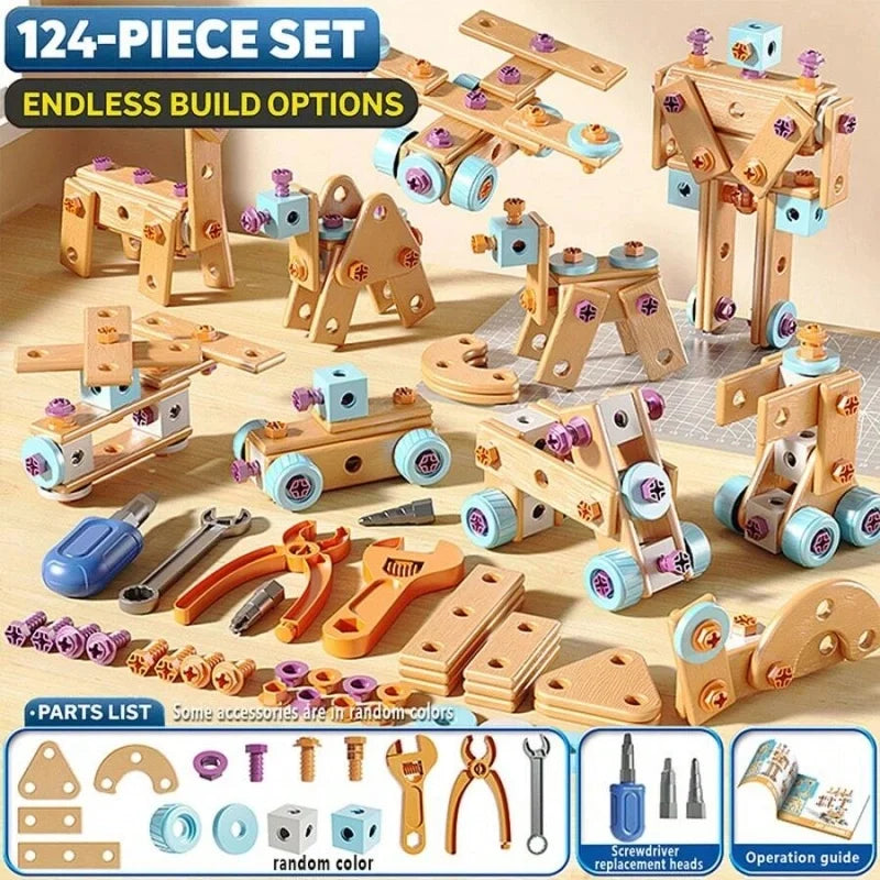 Kids Wooden Construction Tool Set with Electric Drill - 126 Pieces