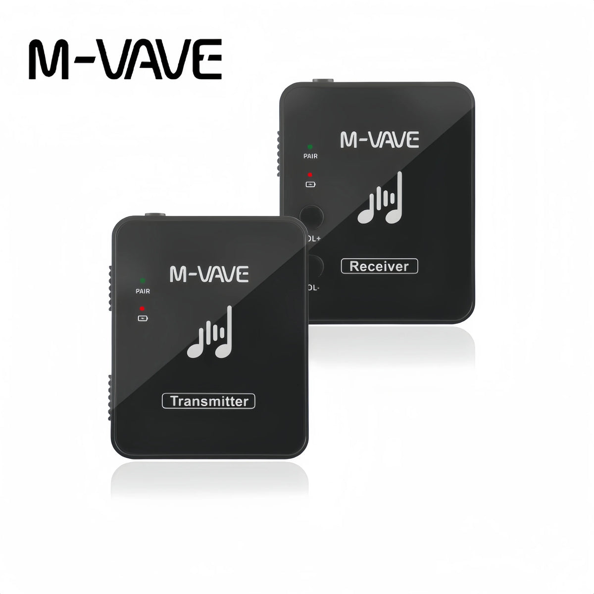Black M-VAVE wireless audio system showing a transmitter and receiver unit.