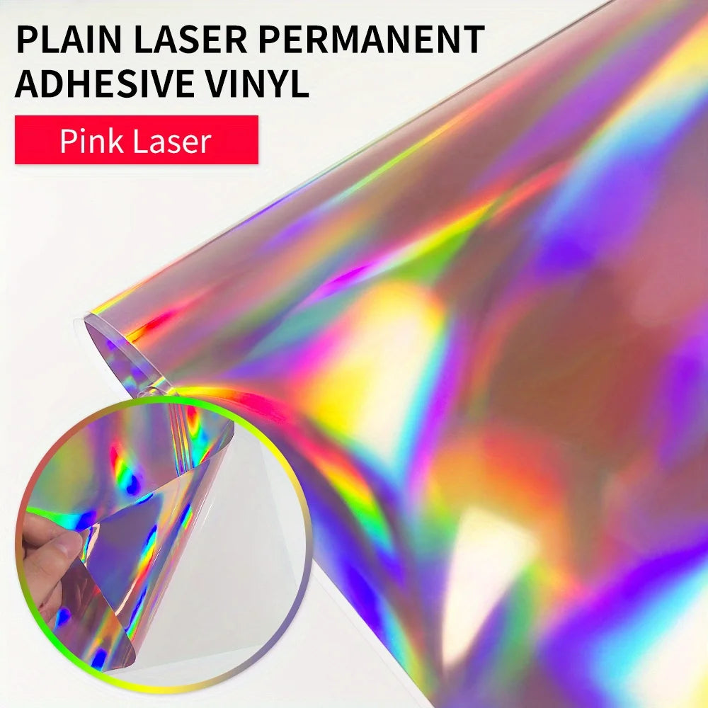 Pink laser permanent adhesive vinyl roll showing a vibrant holographic finish