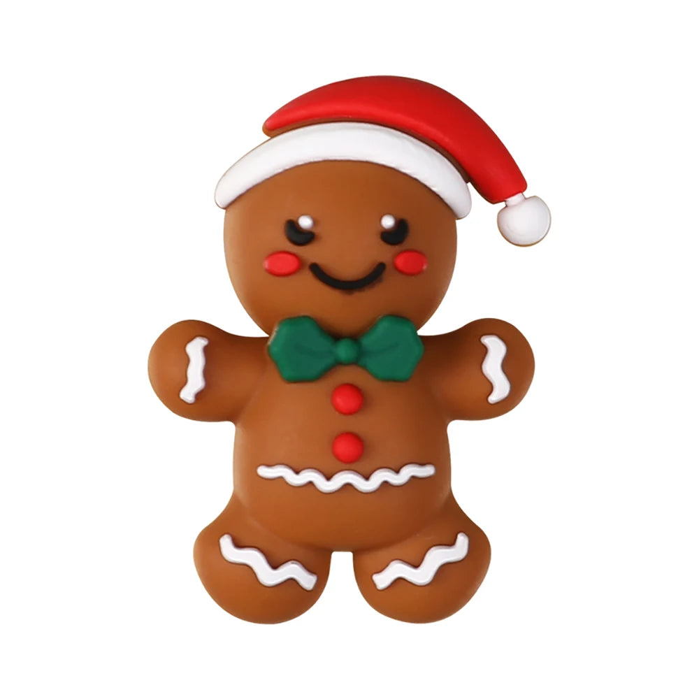 A brown silicone bead shaped like a Santa Claus with a red hat and green bow.