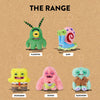 A collection of five plush monster keychains featuring characters like Plankton, Gary, SpongeBob, Patrick, and Squidward.