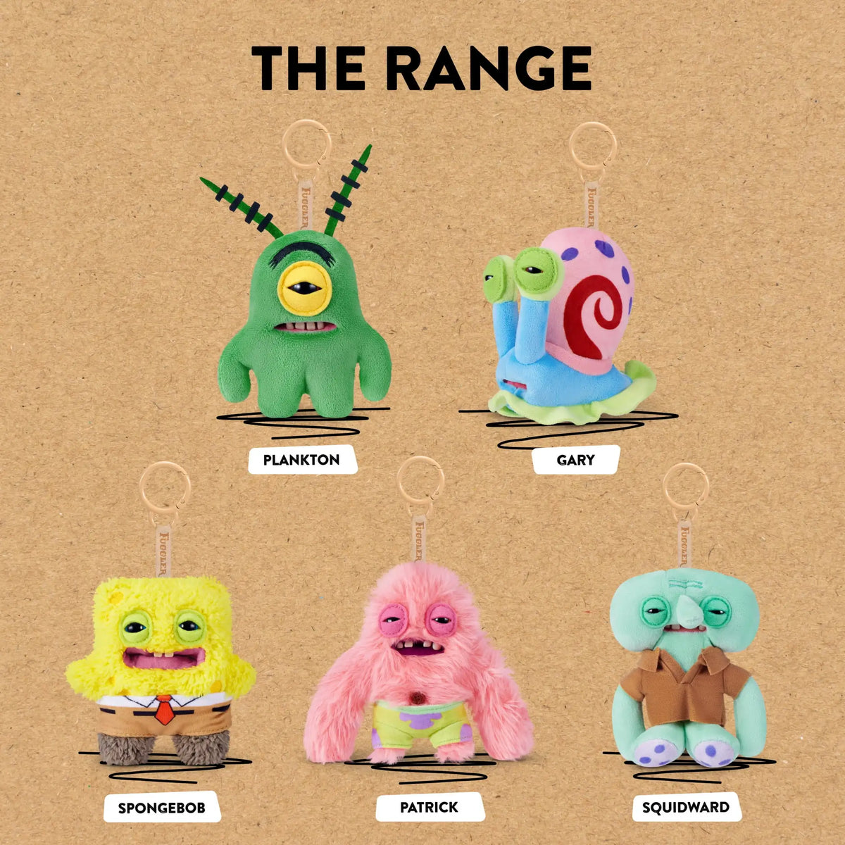 A collection of five plush monster keychains featuring characters like Plankton, Gary, SpongeBob, Patrick, and Squidward.