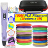 A purple 3D printing pen with an LCD display and various colors of PLA filament spools.