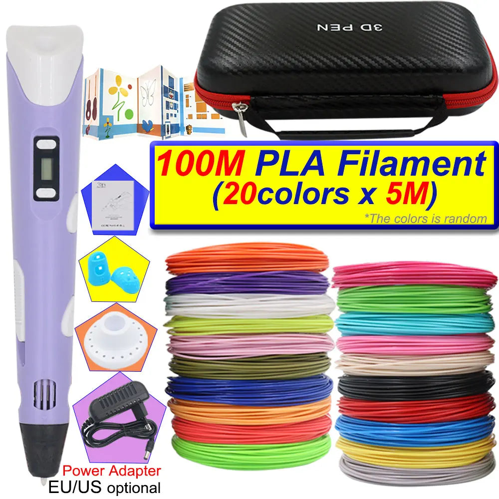 A purple 3D printing pen with an LCD display and various colors of PLA filament spools.