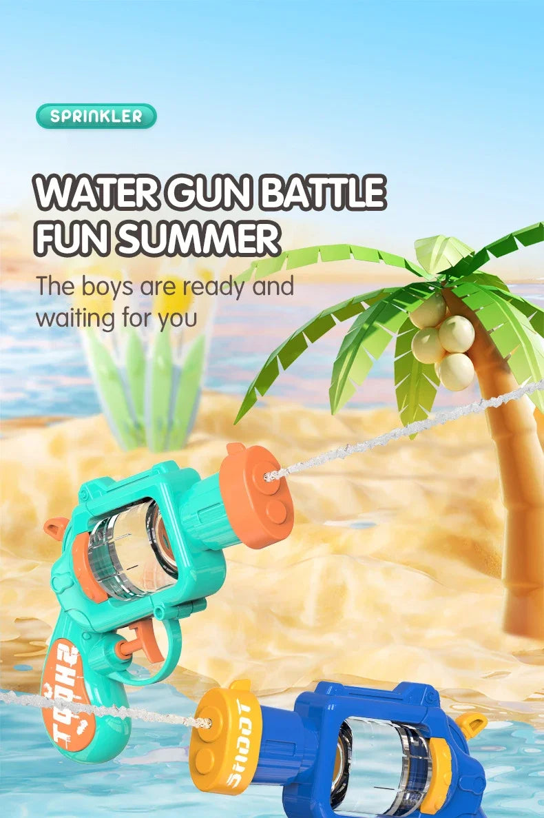 A turquoise water gun is shown in action, firing a stream of water toward a palm tree in a sunny outdoor setting.