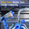 Blue Ring Tank Water Gun with large capacity being used to spray water.