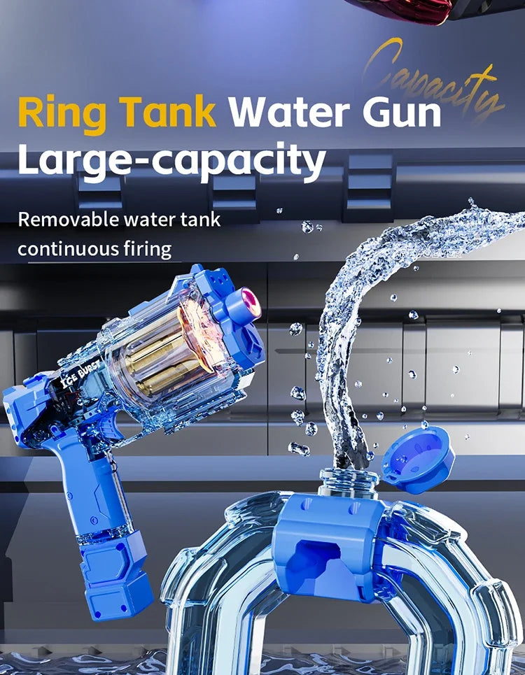 Blue Ring Tank Water Gun with large capacity being used to spray water.