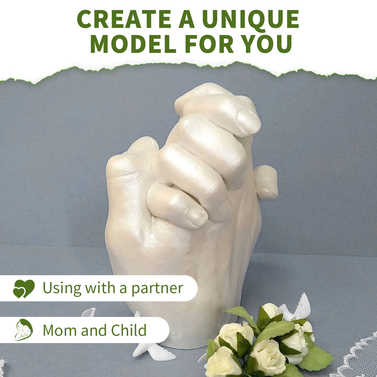 A light beige 3D hand model used for creating keepsakes, shown with text overlays about using it with a partner and mom and c