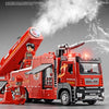 A red fire truck toy with lights and a working ladder is shown in a dynamic pose against a gray background.