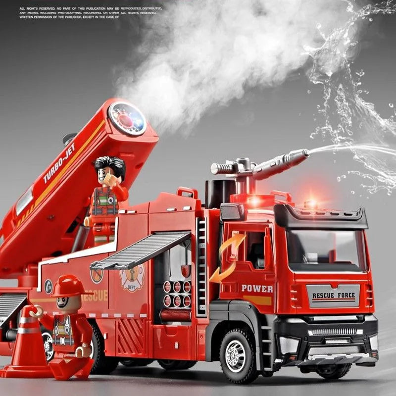A red fire truck toy with lights and a working ladder is shown in a dynamic pose against a gray background.