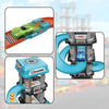 A multi-level race car track set featuring a green race car and an accompanying parking garage structure.