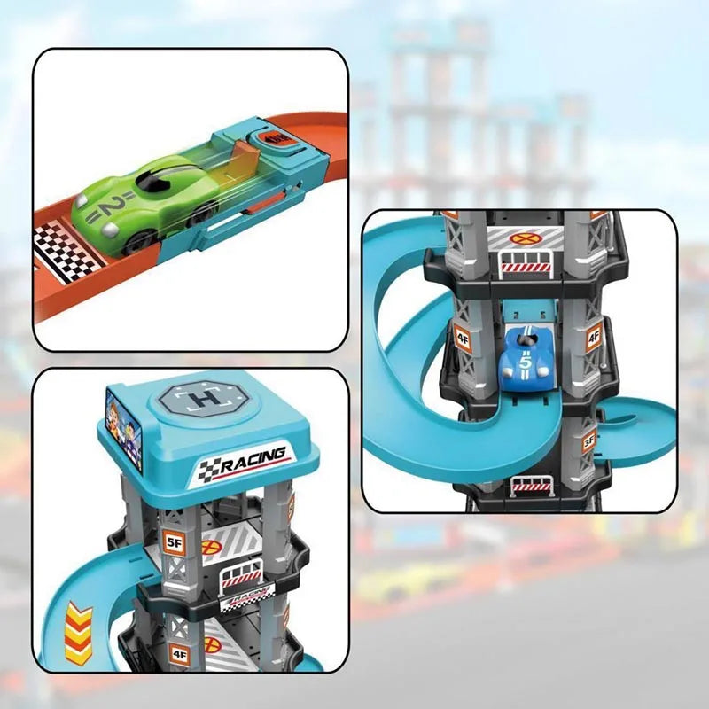 A multi-level race car track set featuring a green race car and an accompanying parking garage structure.