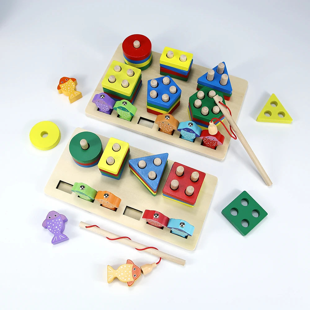 A wooden fishing game set featuring colorful geometric blocks and a wooden fishing rod.