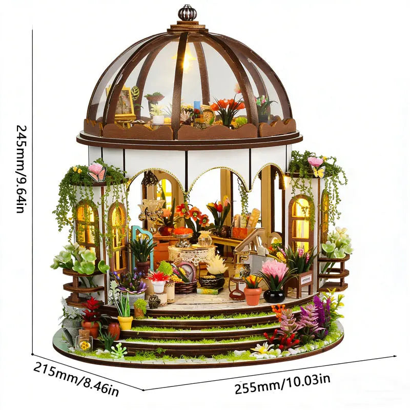 A detailed wooden miniature castle dollhouse kit featuring furniture and LED lights.