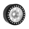 Black beadlock wheels for an RC crawler with a removable hex hub and multiple mounting holes.